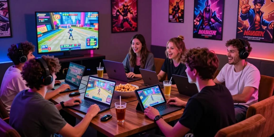 Group of friends playing porn games in a vibrant gaming lounge.