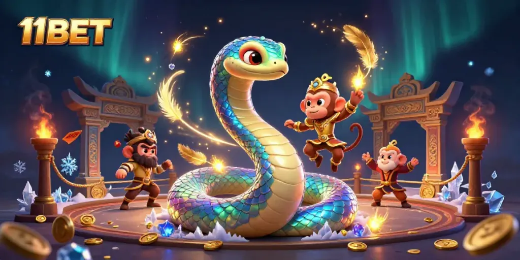 Engage in vibrant gameplay with 11BET featuring a colorful serpent and monkey king performing in a magical casino atmosphere