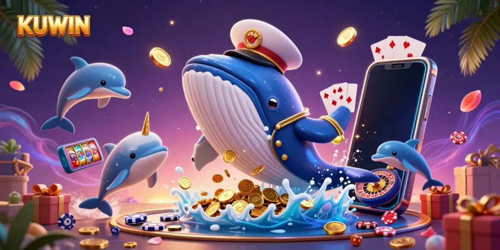 Join the excitement at KUWIN with a playful casino-themed scene featuring a whale and dolphins.