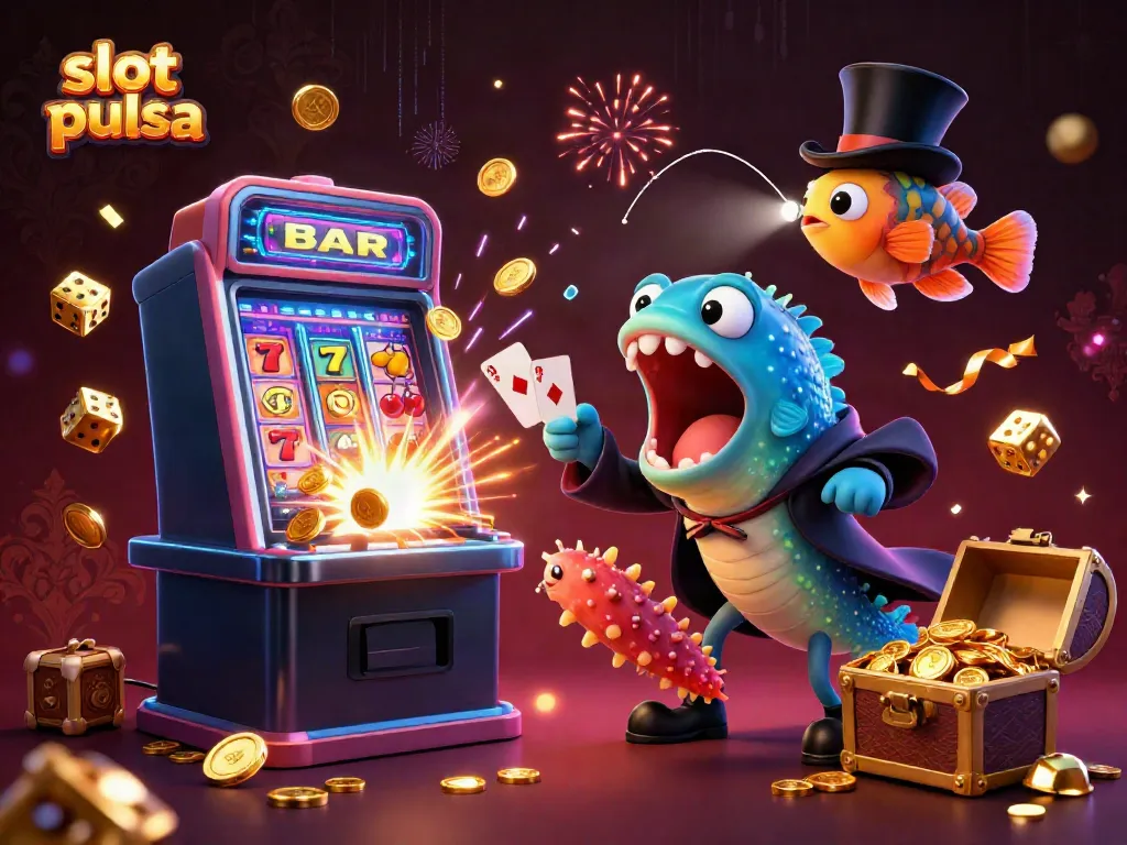 Melihat aksi menarik slot pulsa dengan makhluk laut dalam dan simbol kasino yang berkilauan.