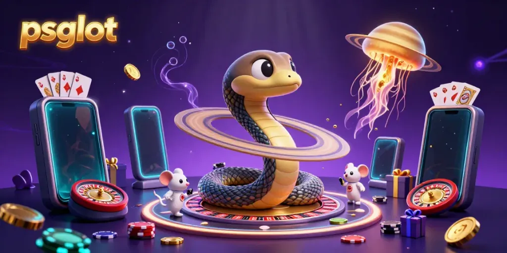 Join the fun with psgslot as charming astronaut mice bet on Saturn's roulette rings in a vibrant cosmic scene.