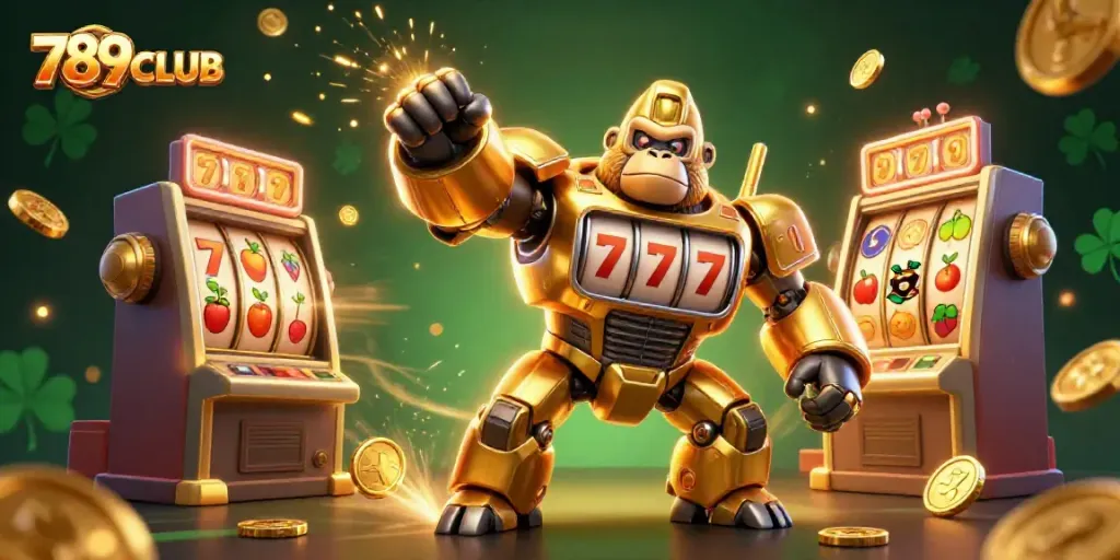 Experience thrill with 789CLUB's golden gorilla mech showcasing a vibrant casino environment.