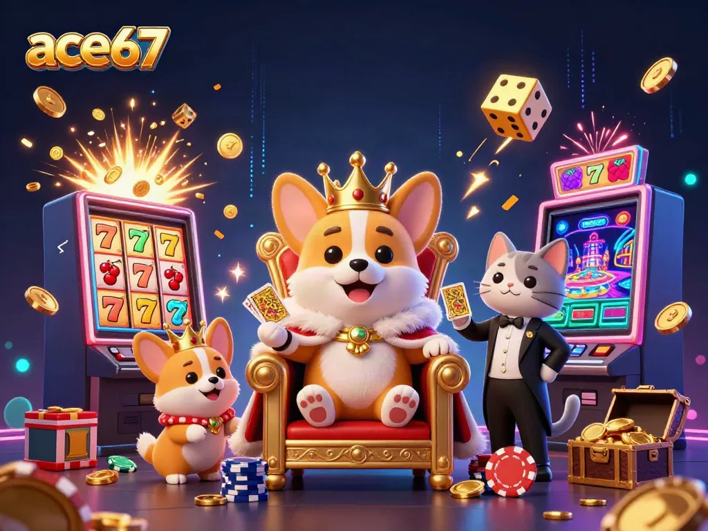 Join ace67's vibrant casino adventure with a royal corgi on a throne of poker chips amidst jackpot excitement.