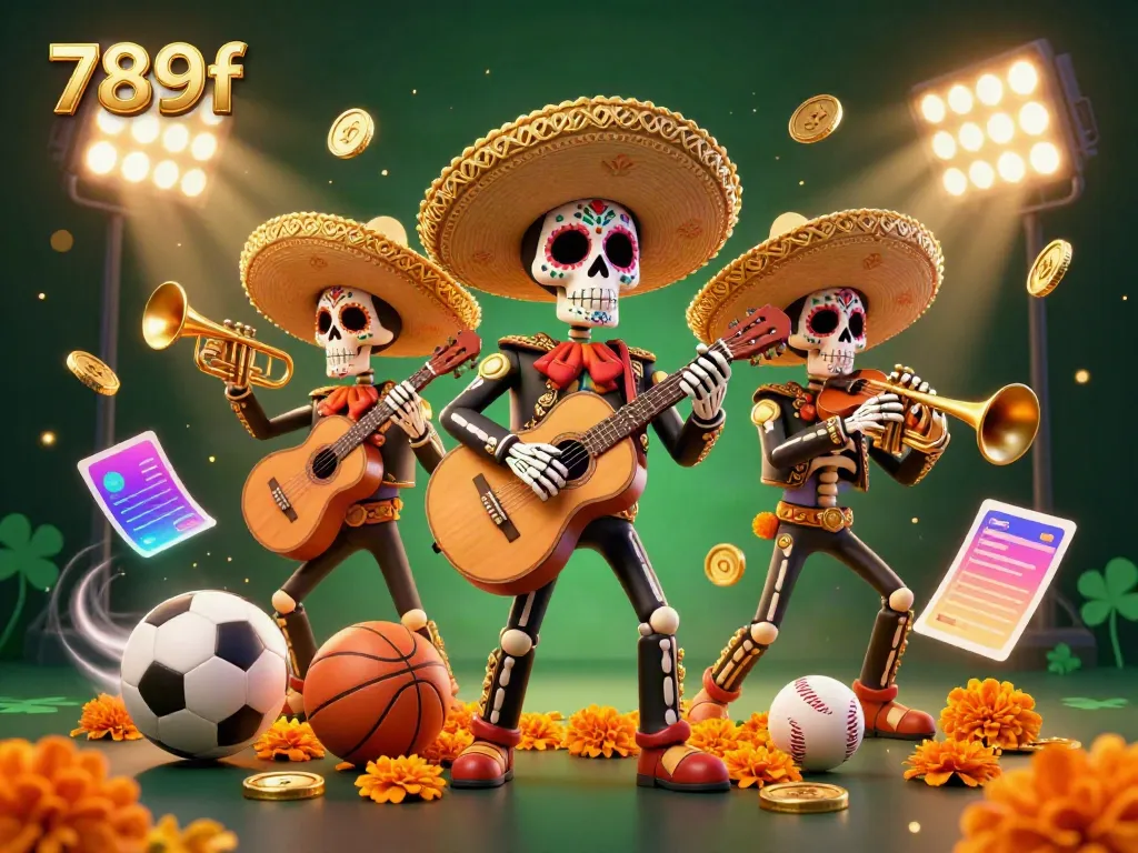 Experience the thrill of winning with 789f featuring a festive mariachi band amidst dynamic sports elements in a vibrant casino scene.