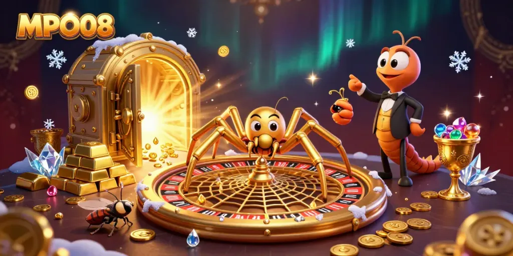 Betting with MPO08 in an exciting casino scene featuring a golden spider and extravagant elements.