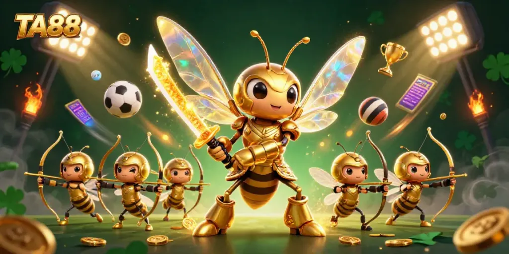 TA88 showcases a vibrant scene with a giant hornet samurai and bee archers among dynamic sports elements.