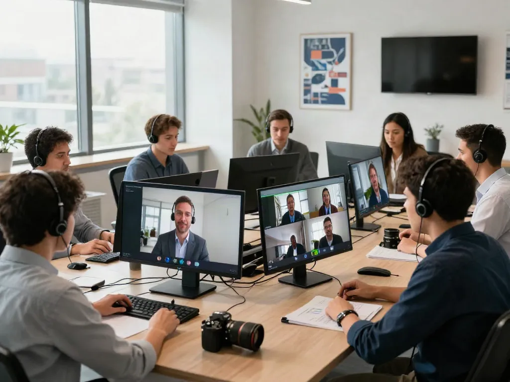 Deepfake protected Conferencing in a professional meeting room with diverse team members engaged in secure video calls.