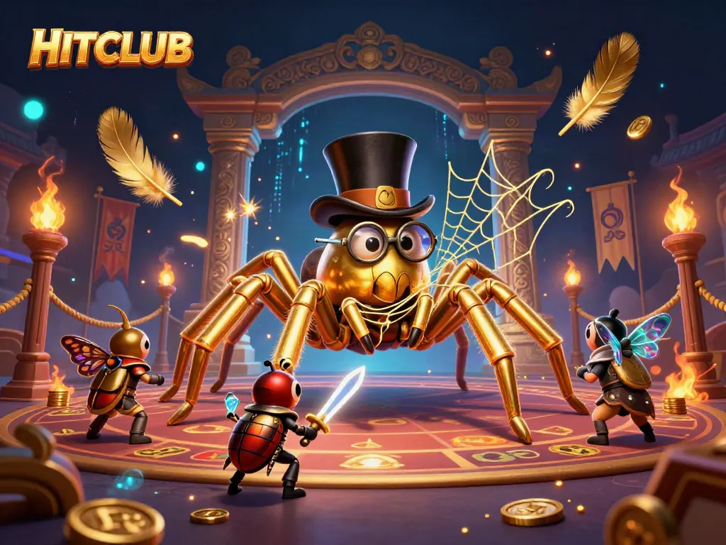 Engage with HITCLUB's dynamic casino adventure featuring a golden tarantula and a brave beetle knight.
