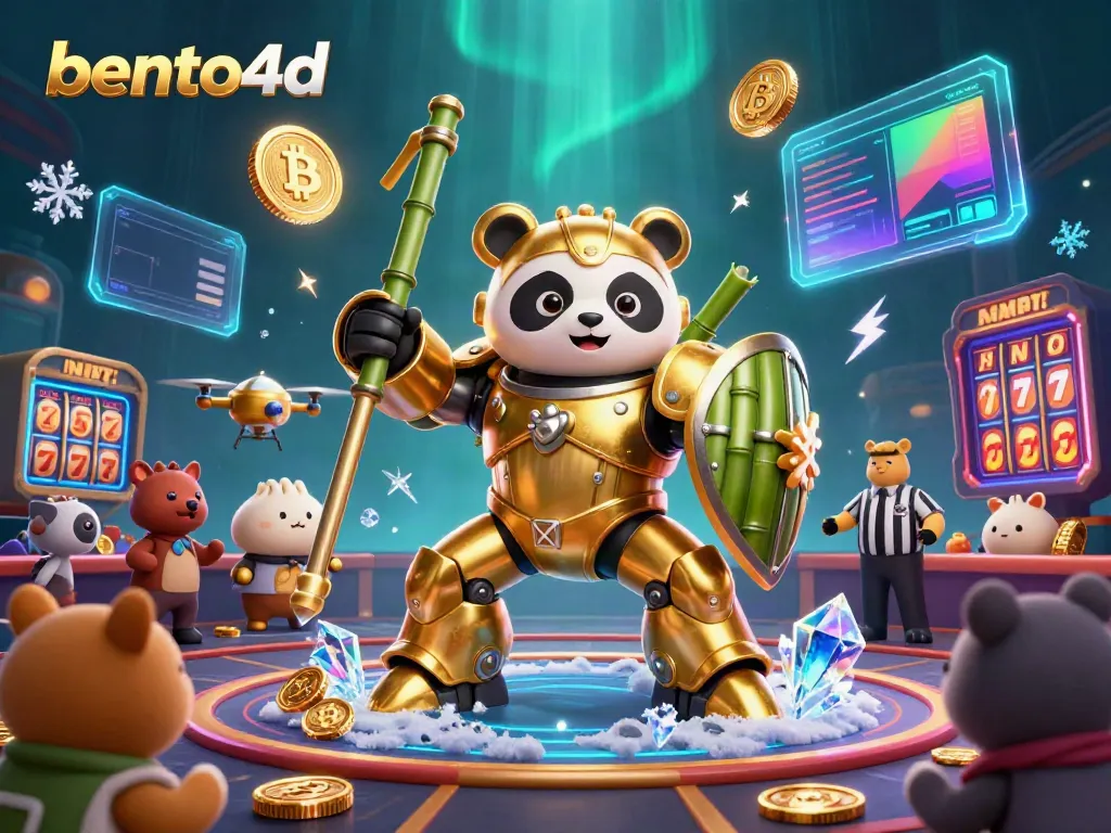 Experience thrilling bento4d casino action with a golden panda robot battling amidst vibrant gaming elements.