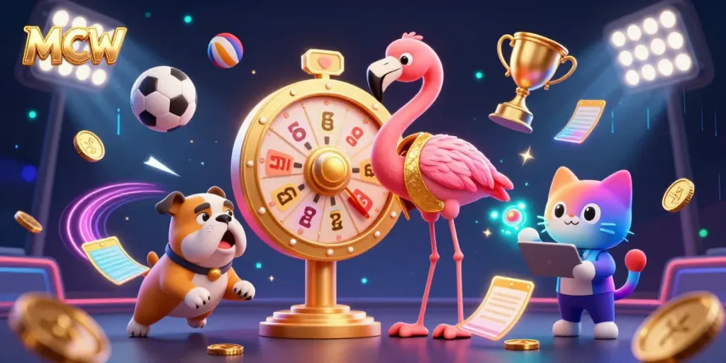 MCW's dynamic casino illustration showcases a flamingo game show host, a bulldog contestant, and a scoreboard cat amidst thrilling sports elements.