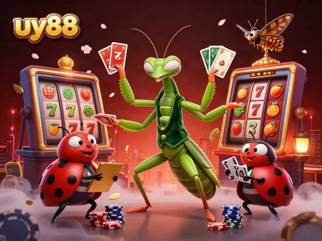 Experience thrilling gaming at uy88 with a vibrant 3D illustration of a mantis card sharp amidst casino symbols.