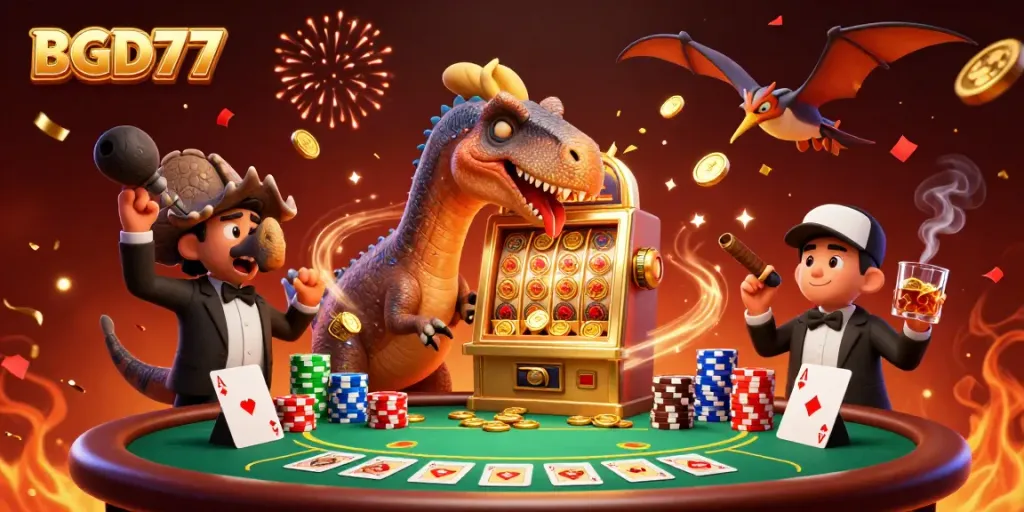 Experience thrilling jackpots at BGD77 with cartoon characters and vibrant casino elements.