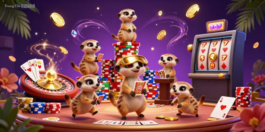 Engaging 3D illustration of Trang Chủ MM88 with meerkats managing an exciting casino game scene.