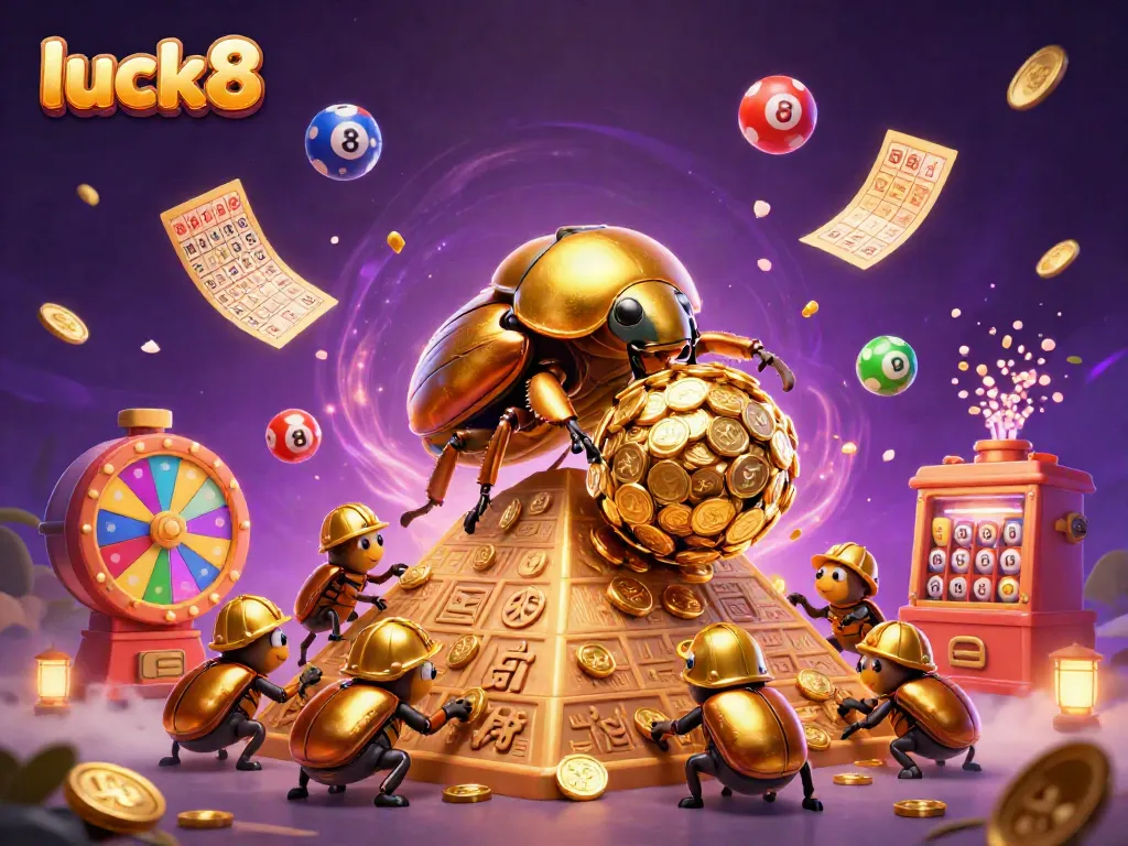 Experience the excitement of luck8 where a golden beetle rolls coins up a pyramid surrounded by dynamic lottery elements.