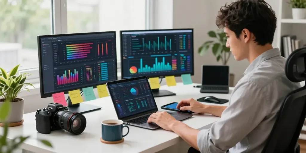 Workspace modern untuk analisis data paristoto dengan tanaman hijau dan cahaya alami.
