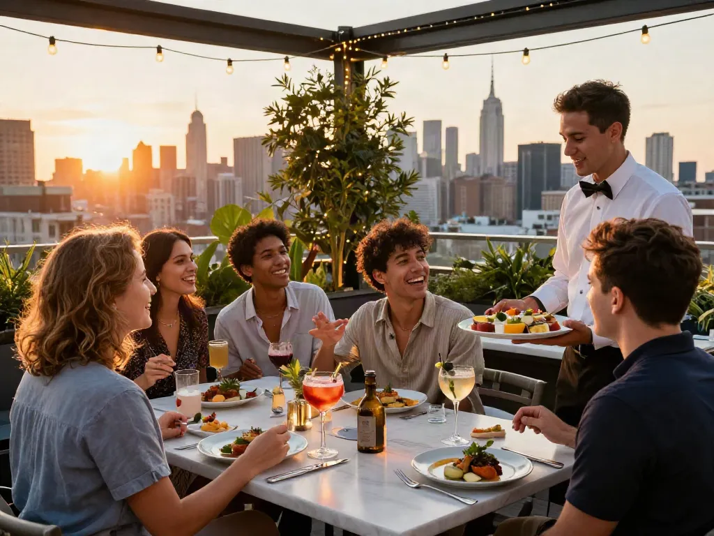 Friends enjoying cocktails and gourmet dishes at NoHu Rooftop during sunset.