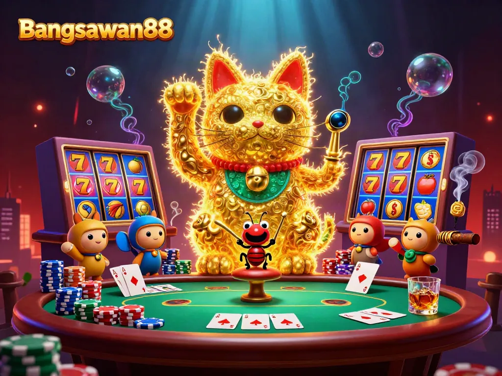 Experience the excitement of Bangsawan88 with a vibrant casino-themed illustration featuring a lucky cat and gaming symbols.