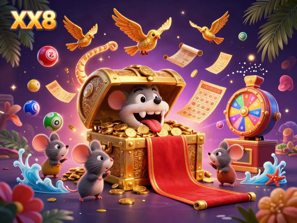 Engage in the exciting world of XX8 lottery gaming with colorful elements and rich treasure visuals.