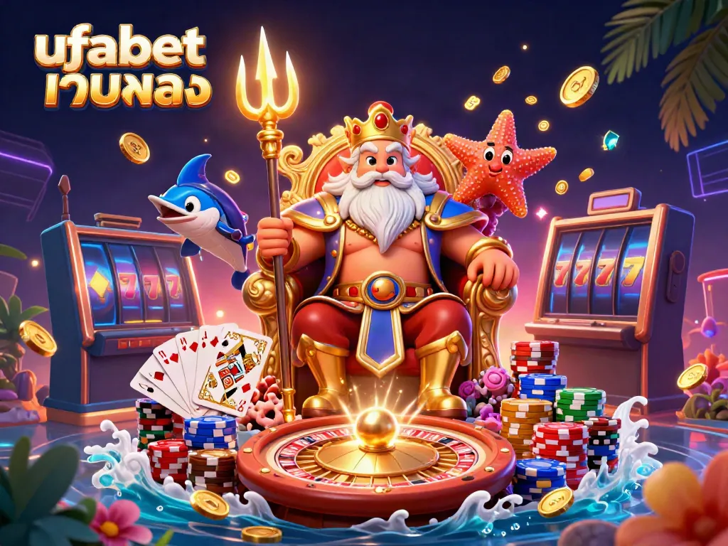 Engage in vibrant casino entertainment at ufabet เว็บตรง with a lively 3D illustration featuring characters and game elements.