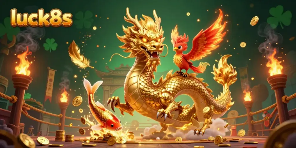 Experience luck8s with a dynamic 3D illustration showcasing golden dragon and lucky koi in a vibrant casino scene.