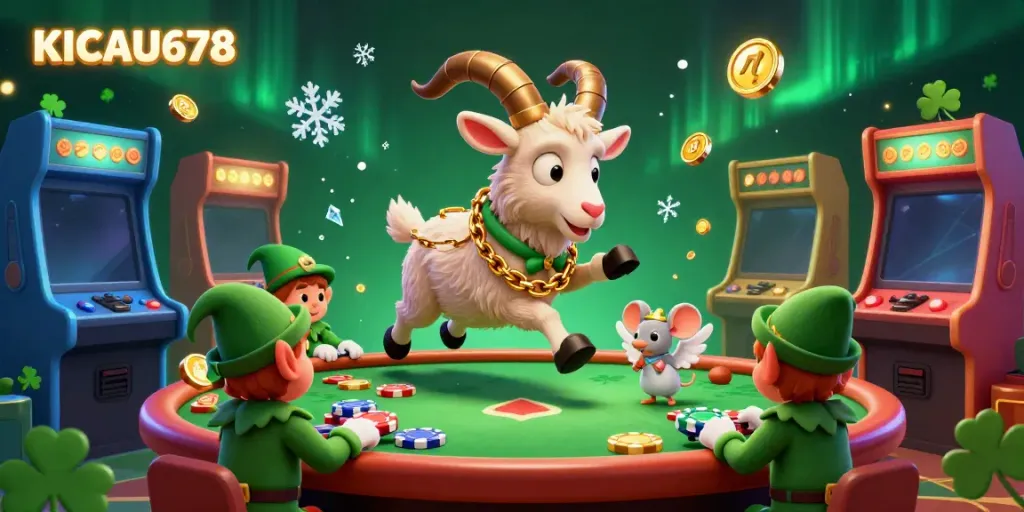 KICAU678 showcases a playful casino scene with a festive Krampus goat, a wise angel mouse, and mischievous elf gremlins stealing chips.