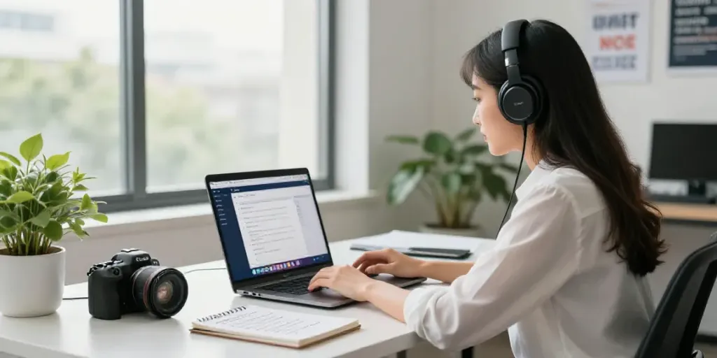 Efficient workspace using affordable AI interview transcription software with professional woman at laptop.