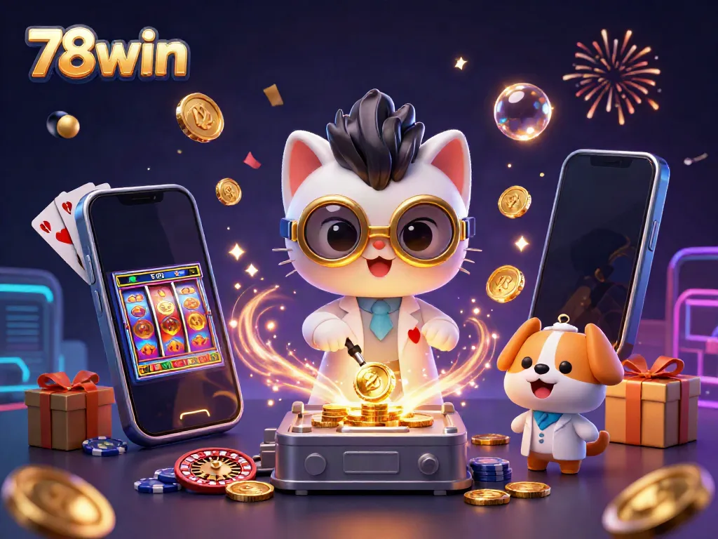 Engage in thrilling games with 78win as a mad scientist cat and assistant create a gold-coin machine.