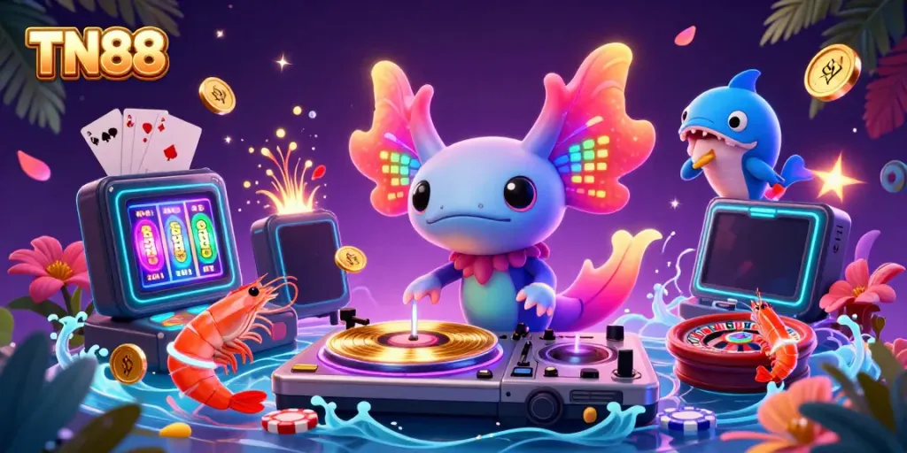 Engage in exciting games with TN88, featuring vibrant axolotl DJ at a casino party.