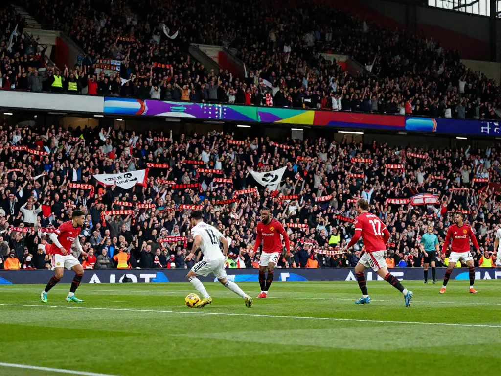Action-packed scene from a Manchester United vs Liverpool match showcasing intense competition and vibrant fan energy.