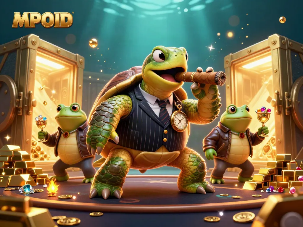 MPOID showcases a vibrant scene featuring a massive snapping turtle and bullfrog enforcers in a captivating casino environment.