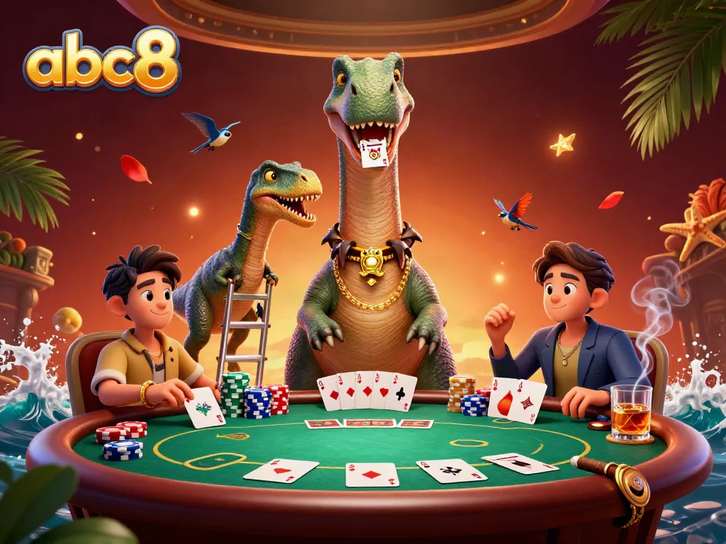 Engage in thrilling online casino gameplay with abc8 featuring a cartoon dinosaur and creative poker scene.