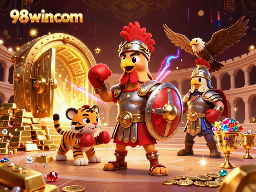 Engage in thrilling gameplay at 98wincom with gladiator rooster and treasure elements.