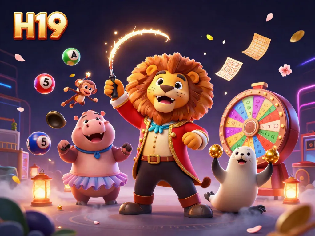 Experience the thrill of H19 with colorful casino elements and animated characters in a dynamic scene.