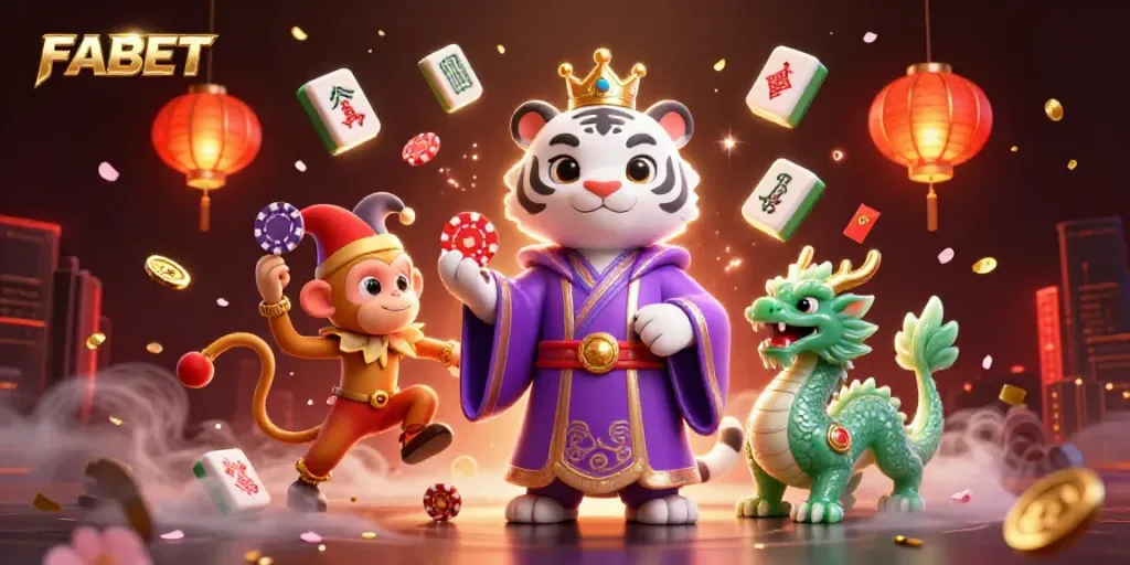 Engaging FABET scene with a regal white tiger, a jester monkey, and dynamic casino elements.