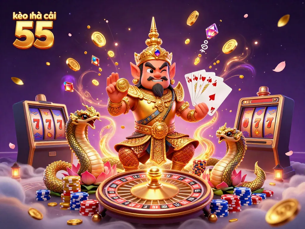 Bet on kèo nhà cái 55 with a dynamic scene depicting 3D guardians and casino action