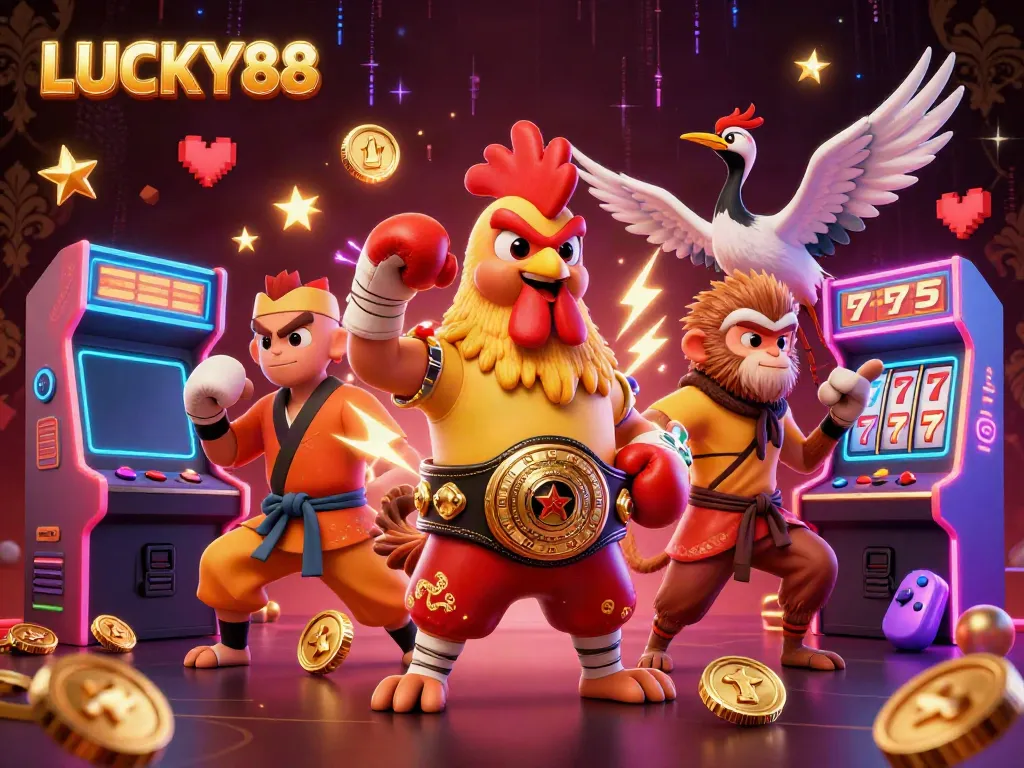 Experience the excitement of LUCKY88 with dynamic characters and gaming elements in a vibrant digital scene.