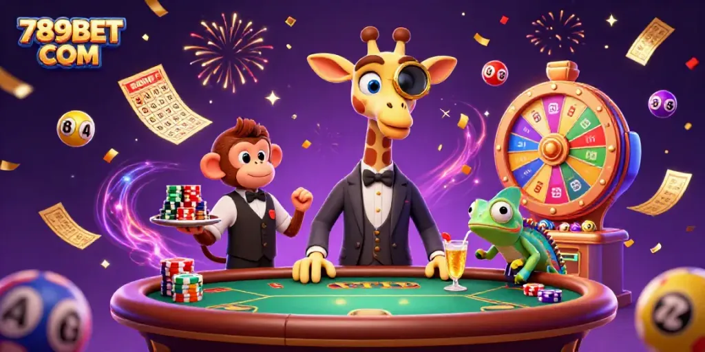 Immerse in the excitement of 789BET COM with a high-roller giraffe, monkey valet, and chameleon bartender at a vibrant casino scene.