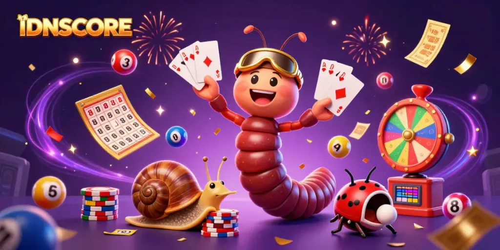 IDNSCORE showcases a thrilling gaming scene with a cartoon millipede dealer and colorful lottery elements.