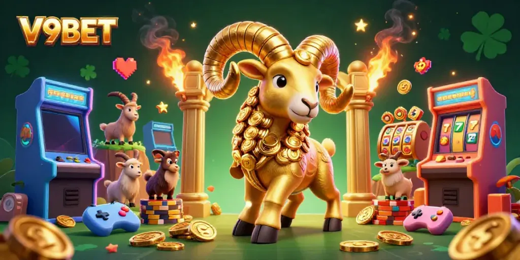Experience thrilling gaming at V9BET with a vibrant 3D illustration of an epic casino scene.