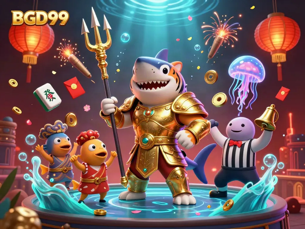 Experience excitement with BGD99's underwater casino scene featuring a tiger shark and vibrant gambling elements.