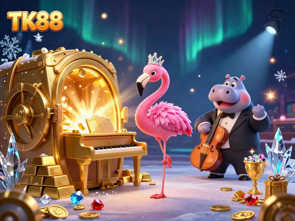 Experience vibrant TK88 entertainment with a flamingo singer, hippo bassist, and dazzling casino elements.