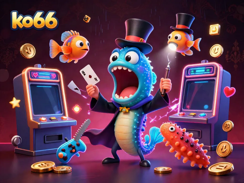Engage with ko66's thrilling gaming world featuring vibrant 3D cartoon characters in a magical casino setting.