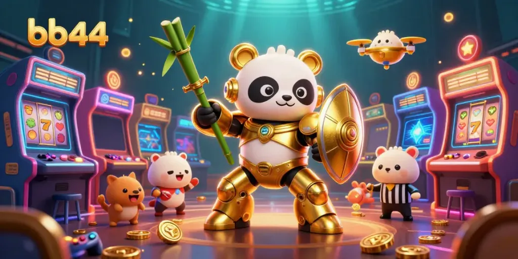 Engage with the exciting bb44 casino game featuring a golden panda in mech-suit amidst vibrant arcade elements.