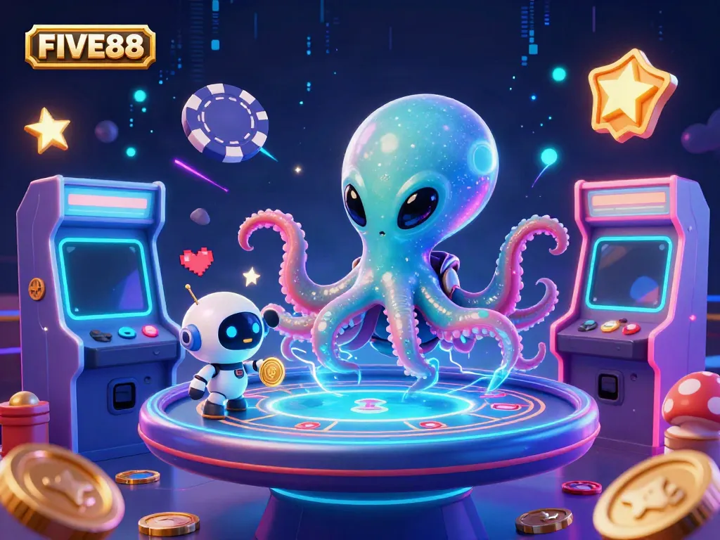 Engage with the vibrant FIVE88 gaming scene, featuring an alien octopus and a robot at a holographic poker table.