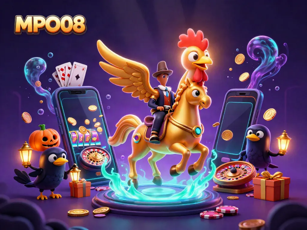 MPO08 showcases a vibrant casino scene with a golden rooster and magical elements, inviting players to enjoy thrilling games.
