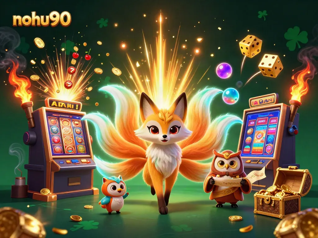 Experience the thrilling world of nohu90 with a vibrant 3D scene featuring mystical characters and a jackpot explosion.