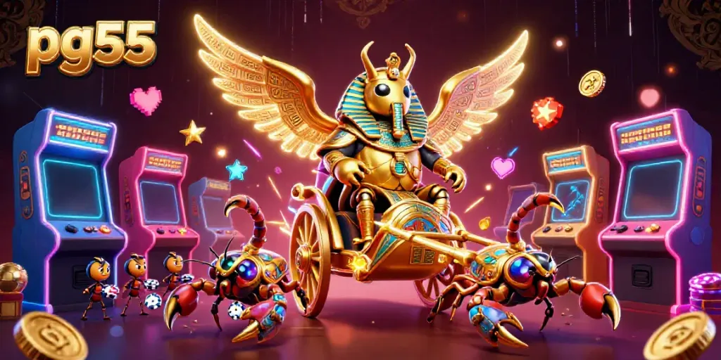Gamblers enjoy the joyful chaos of pg55 with vibrant casino characters and arcade elements.