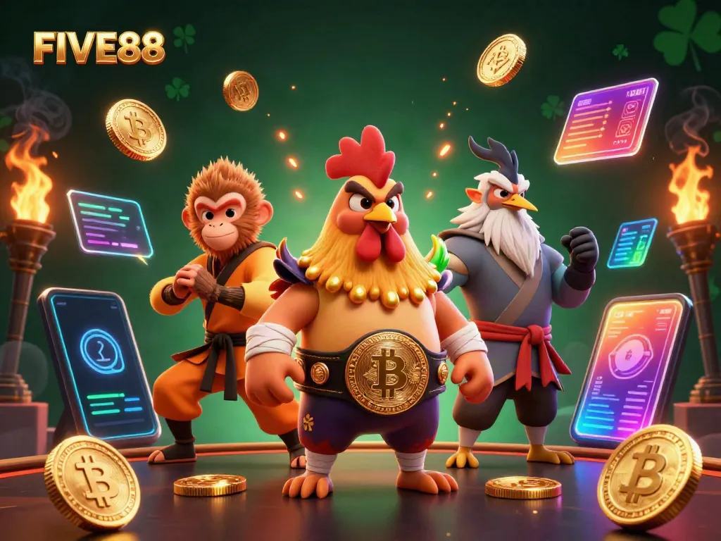 Experience the excitement of FIVE88 with dynamic characters and glowing crypto elements in a vibrant casino scene.