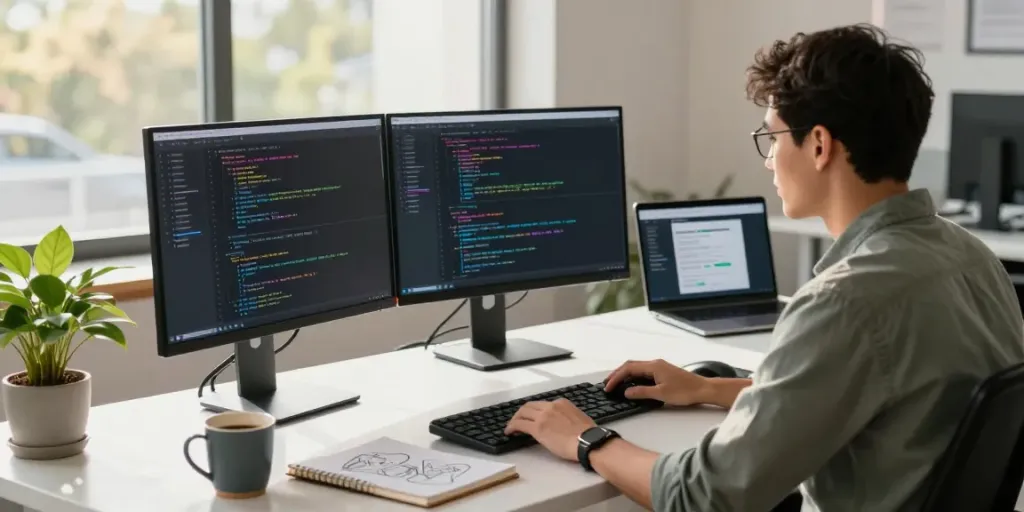 Developer coding at a modern desk in the best site for productivity.