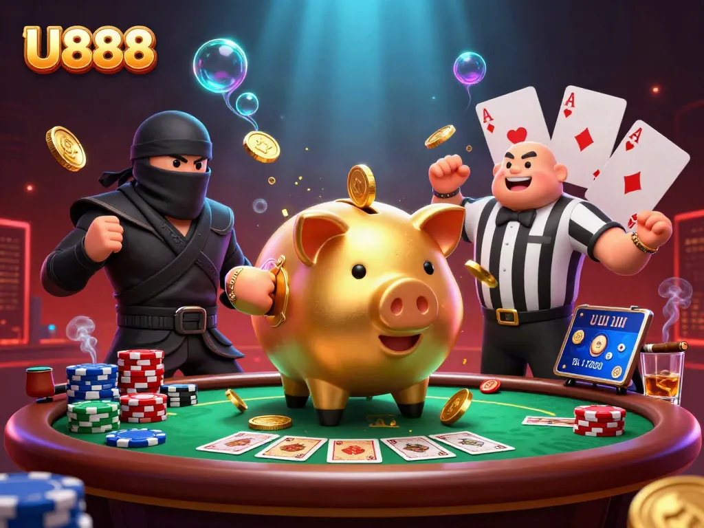 Experience exciting gambling action at U888 with a dynamic 3D illustration featuring casino elements.